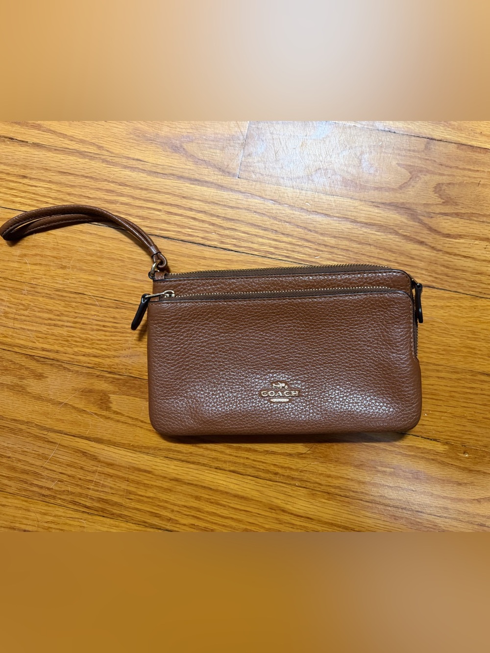 Coach Brown Pebbled Leather Wristlet with Double Zips